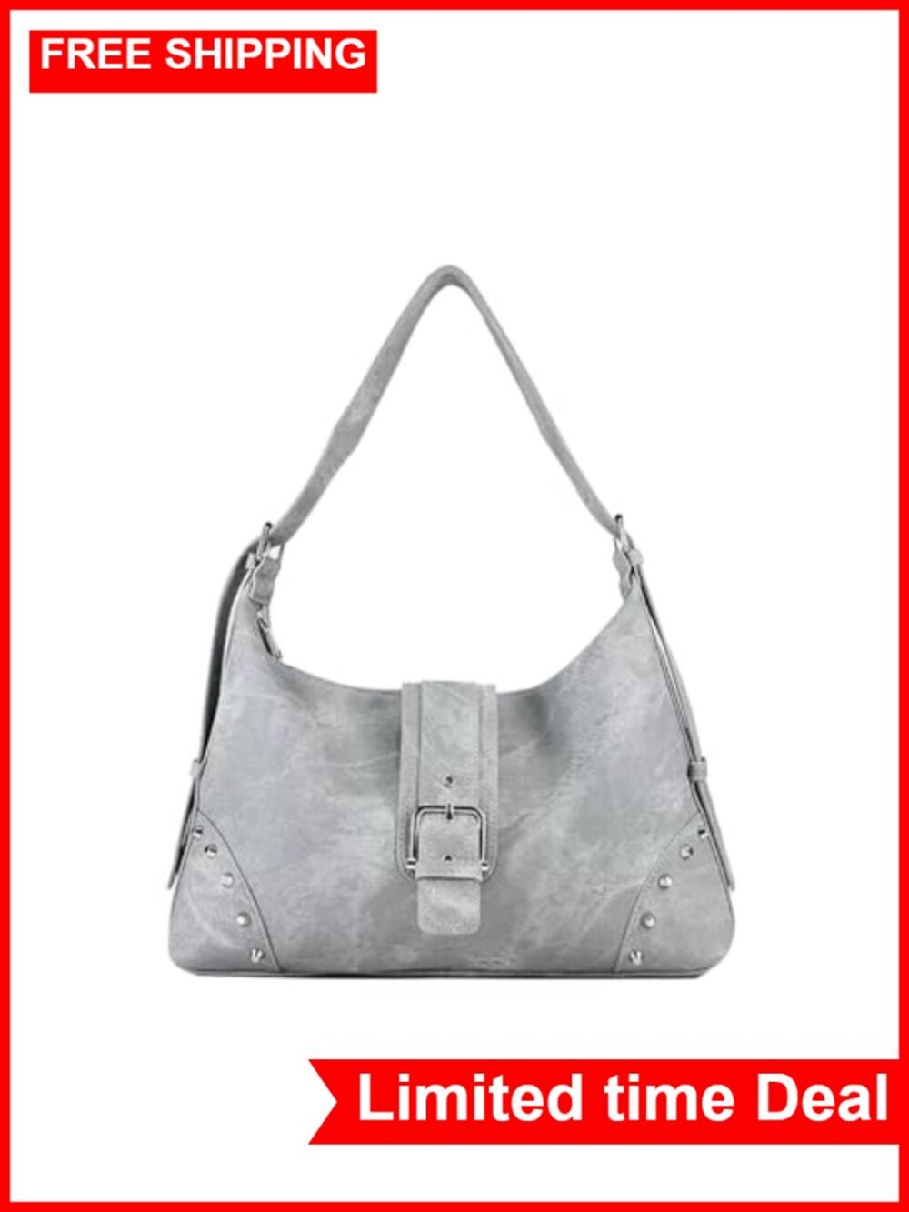 Vegan Leather Retro Rivet Hobo Shoulder Bag with Adjustable Strap